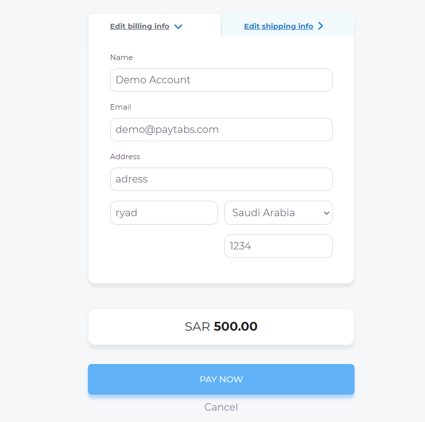 Sample Payment Page with customer details